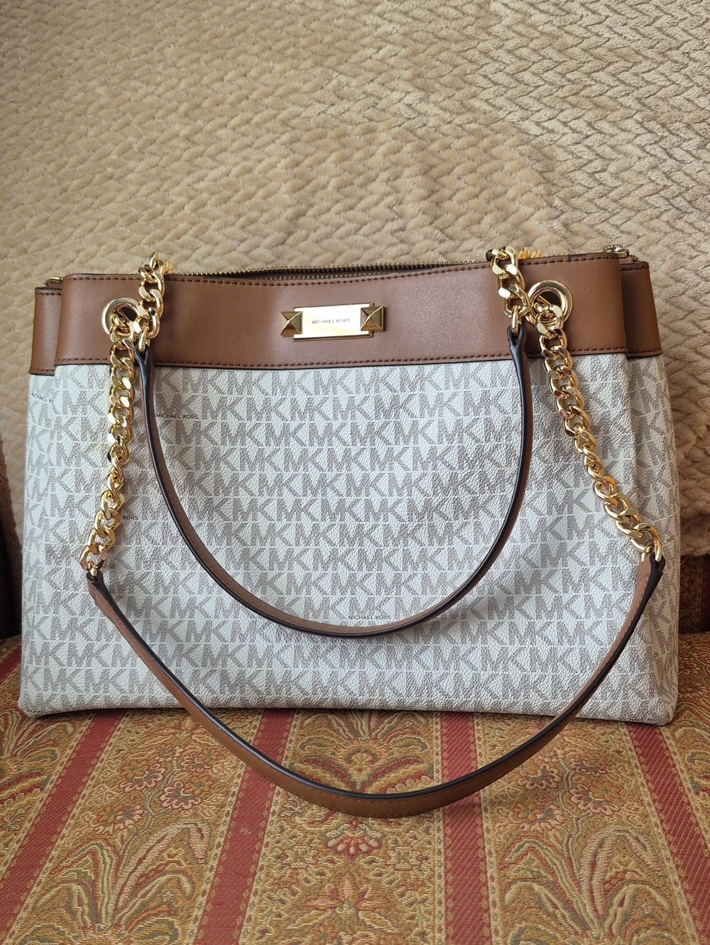 Michael Kors Cream and Brown MK Logo Shoulder Tote with Gold Chain